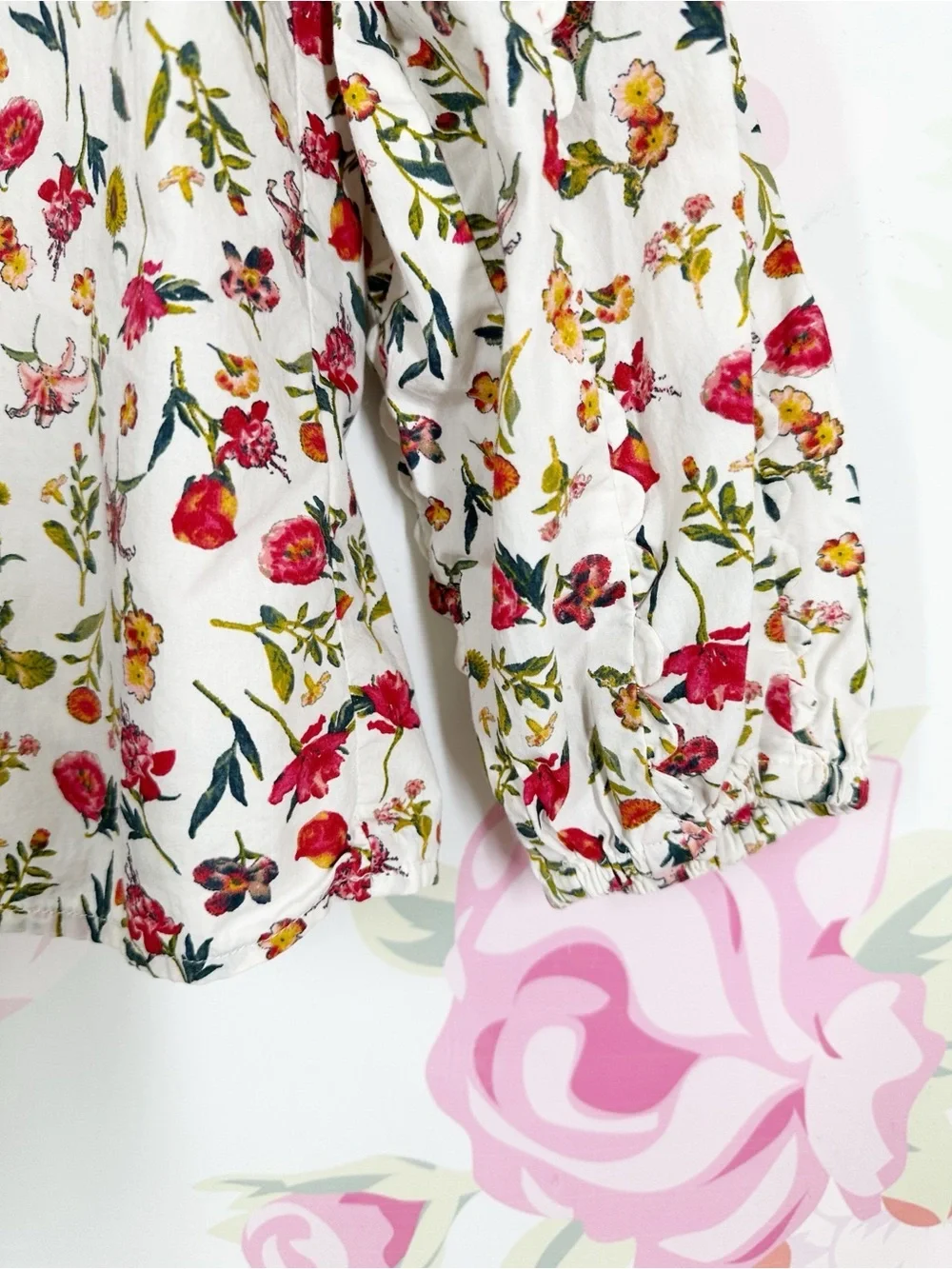 J. Crew Cream Floral Tie-Neck Blouse with Pink Yellow Blooms Top M